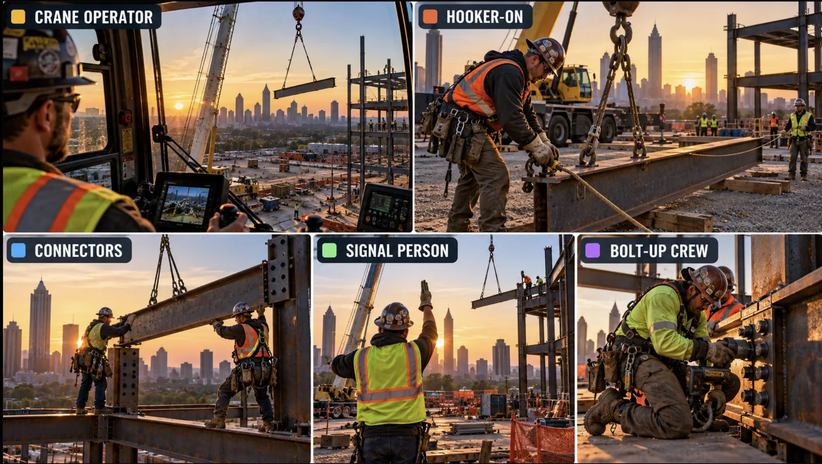 Five scenes from a steel raising gang at sunrise over Atlanta. Crane operator: an operator in the cab watches a beam hang from a two-leg bridle over the site. Hooker-on: an ironworker shackles a chain sling to a beam on the ground while another worker holds a tag line. Connectors: two ironworkers in harnesses guide a beam onto a column high on the frame. Signal person: a worker in a hi-vis vest raises an arm to signal the operator. Bolt-up crew: an ironworker kneels on the steel running bolts with an impact wrench.